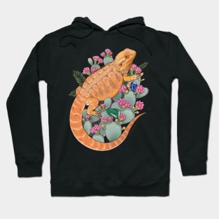 Bearded Dragon with Blooming Opuntia Cactus and Boston Ferns with Crystals Hoodie